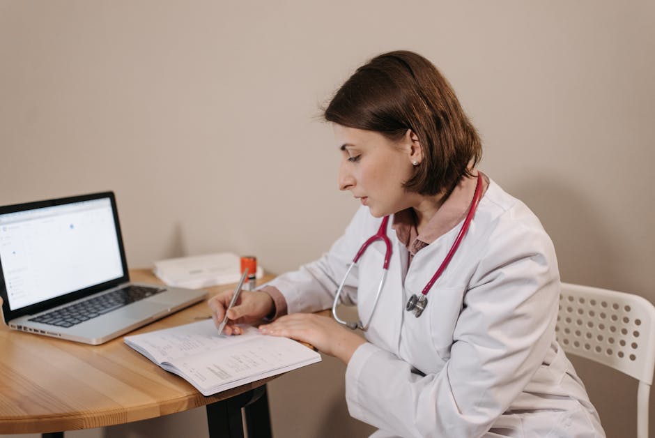 Pet insurance prescription medication coverage overview: a calm veterinarian writing prescription notes at a clean clinic desk next to a stethoscope and clipboard, the kind of routine clinic moment where pet insurance prescription medication coverage decisions begin with the original written prescription that the carrier will later reference at claim submission