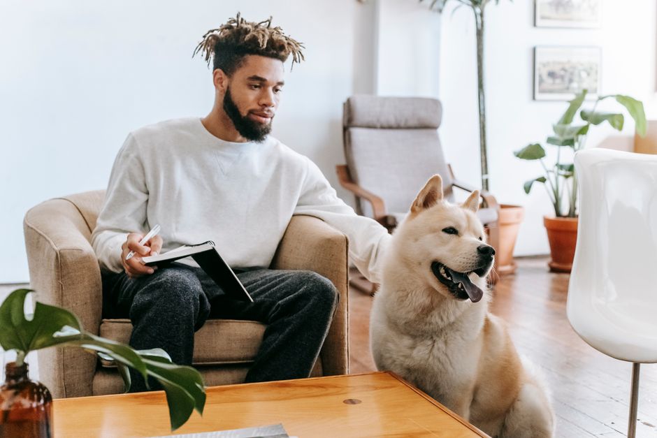 Owner taking notes at a table beside his dog while weighing pet insurance lifetime vs annual limit structures